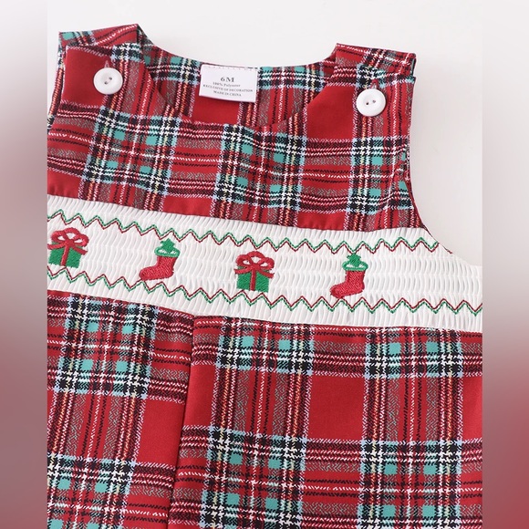 New Plaid Christmas Longall with Stockings & Presents Smocked on Chest - Picture 1 of 5